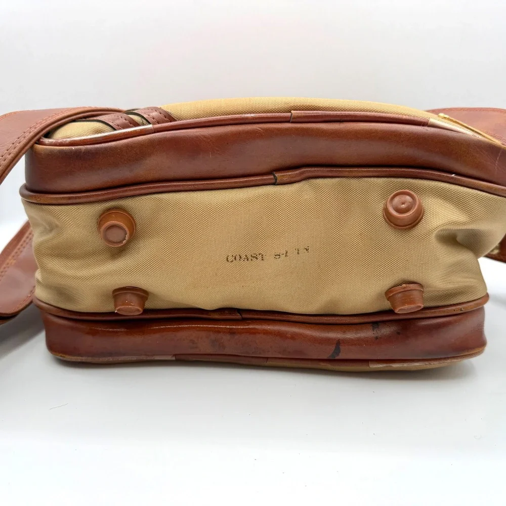 Coast Vintage Tan Canvas Brown Faux Leather Camera Messenger Bag Multi-Pocket